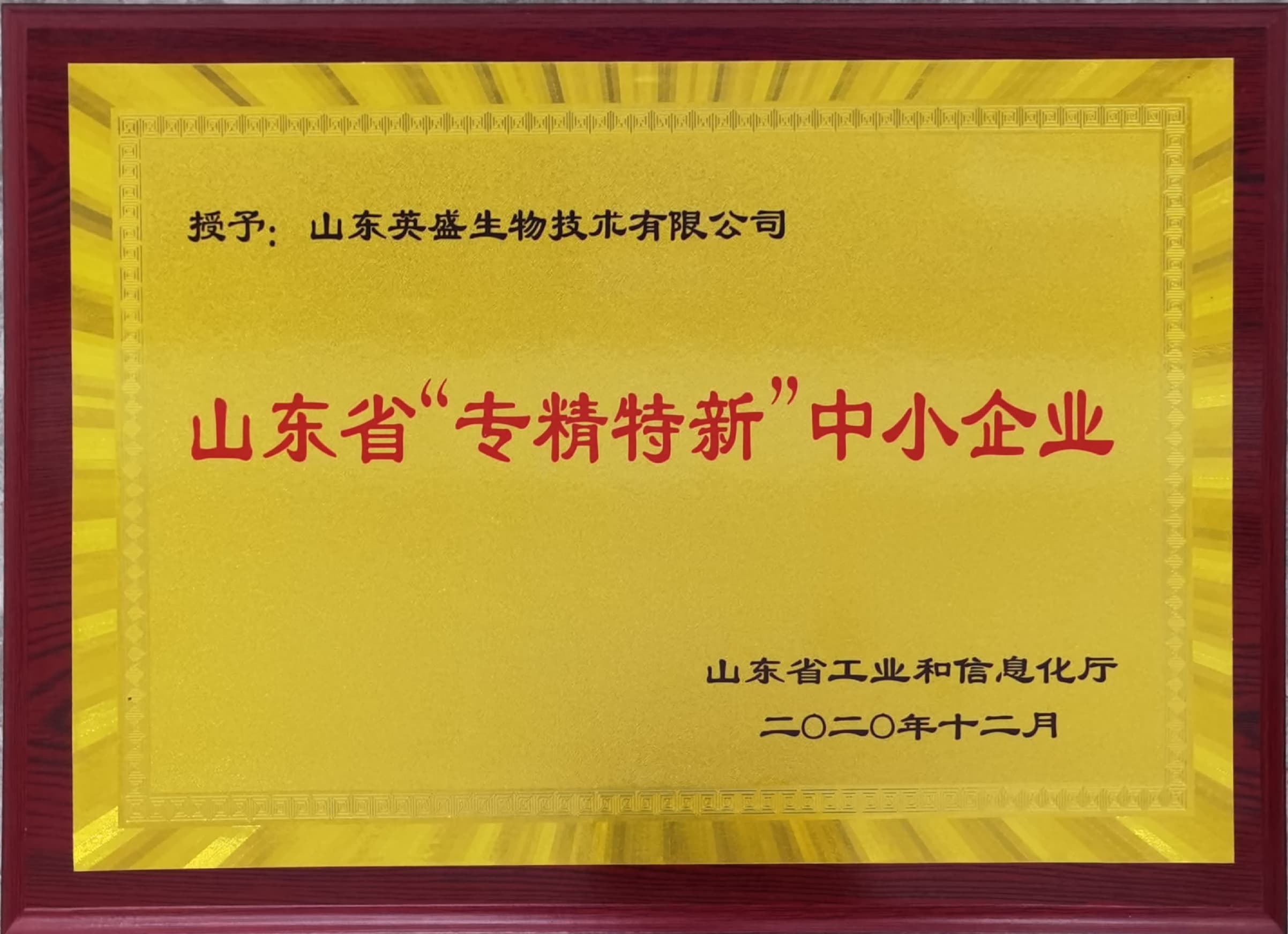 热烈祝贺英盛生物被评为山东省“专精特新”中小企业